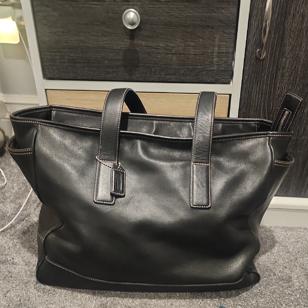 Coach Black Leather Tote with Contrast Stitching